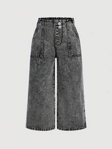 SHEIN Bộ 3 quần denim dáng rộng màu xanh đậm, xanh vừa, xanh nhạt cho bé gái - Nhiều màu - Xem 10