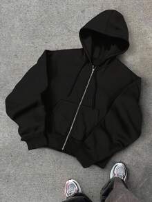 Manfinity Hypemode Men's Casual Short Hooded Cardigan Plain Hoodie Oversized Zip Up Hoodie Cropped Zip Up Men Boxy Double Zipper Hoodie - Black - View 6