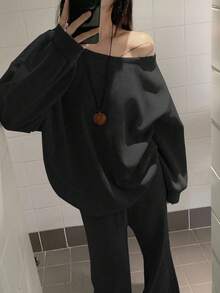 DAZY 女士斜肩长袖卫衣和高腰抽绳喇叭裤套装，初秋