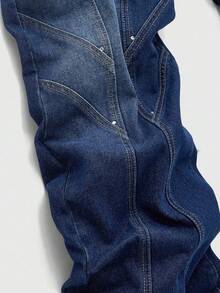 ROMWE MEN Street Life 男士简约日常拼布牛仔裤，蓝色 - 藍色 - 查看 4