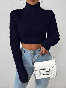 EMERY ROSE Women's Casual Solid Color Turtleneck Cropped Long Sleeve Sweater, Autumn/Winter - Navy Blue - View 6