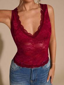 SHEIN BAE Áo hai dây ren cổ chữ V sâu màu trơn, áo ba lỗ đi nghỉ, xuân/hè - Đỏ - Xem 4