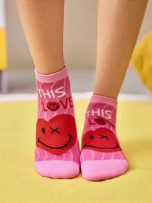 SmileyWorld® | SHEIN 2雙女款柔軟透氣吸濕休閒短襪，心形圖案時尚可愛，白色與紅色，加強腳趾與腳跟耐穿，四季百搭，適合夏季與冬季 - 彩色 - 查看 5