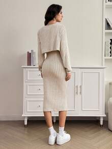 SHEIN Tall 女式秋季新款罗纹针织落肩纽扣前襟夹克和修身中长连衣裙套装