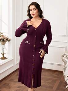 Modelyn Plus Size Elegant Bell Sleeve Knit Dress, Suitable For Commuting In Fall/Winter - Burgundy - View 6