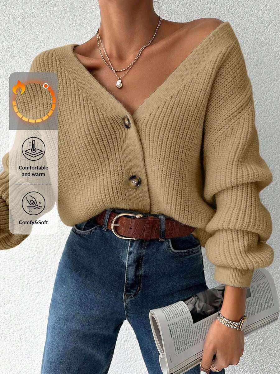 SHEIN Cottnline Women's Solid Color V-Neck Front Button Casual Versatile Long Sleeve Cardigan - Camel - View 1
