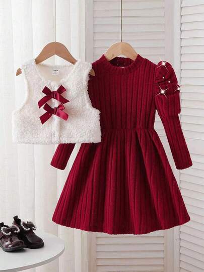 2 件套年轻女孩时尚红色罗纹圆领珍珠泡泡长袖腰连衣裙搭配白色蓬松背心，蝴蝶结装饰，优雅风格适合派对和日常穿着，秋冬