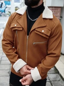Manfinity Homme 男士休闲撞色拼布夹克，秋冬男士棕色夹克 - 棕色 - 查看 5