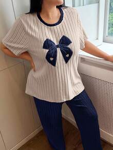 Napfluff CURVE Napfluff CURVE Plus Size Women Knitted Ribbed Bow Embroidered Round Neck Short Sleeve Pants Casual Pajama Set Bow Pjs Bow Pajamas Pajamas Set For Woman - Navy Blue - View 5