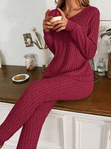 SHEIN 女式罗纹羊毛 V 领休闲家居套装，长袖上衣和裤子，适合睡衣或外套两件套家居套装舒适套装女士秋冬装 - 紅色 - 查看 6