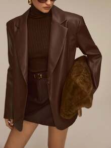 ATUI Studio Women's Loose Fit PU Blazer Jacket, Vintage Style, Suitable For Office, Commute, Halloween, Thanksgiving, Christmas, Autumn/Winter,Cozy Fall And Winter Clothes For Women