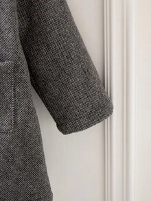 SHEIN 4-7岁女童法式复古长款及膝外套，单排扣高领大蝴蝶结设计，灰色格子面料，秋冬季 - 灰色 - 查看 6