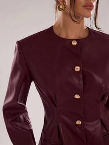 SHEIN BAE 2 件 PU 皮革套装：短裙和夹克，高端服装，女装秋装，女装秋装，女装冬装，万圣节，圣诞节，新年，勃艮第皮衣，酷女孩，休闲，通勤，2 件套女士优雅 - 酒紅色 - 查看 7