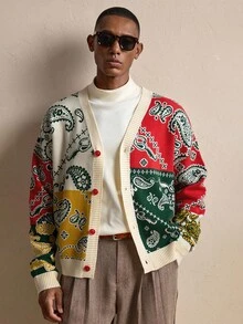 AKNOTIC 男士休闲复古佩斯利拼布图案前扣宽松开衫，秋冬季，圣诞节、新年魅力之选 - 彩色 - 查看 2