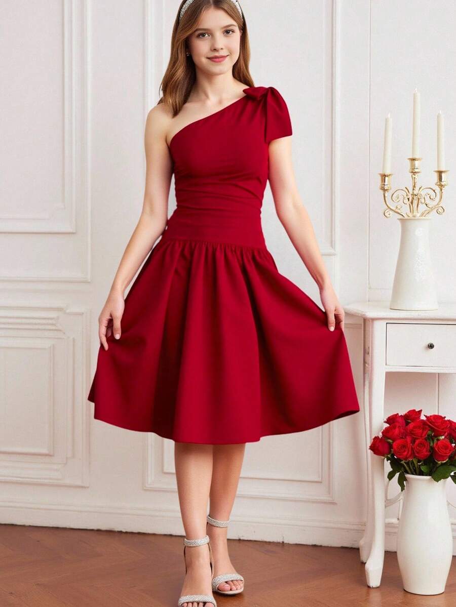 Pitira Vestido asimétrico de línea A sin mangas con decoración de lazo 3D para niñas preadolescentes, color burdeos, estilo a juego para vacaciones familiares, vintage, lindo, elegante, para fiestas, princesa hermosa, a juego madre-hija y hermanas. Primavera Verano