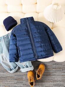 Young Boy High Collar Solid Color Zip-Up Long Sleeve Quilted Hooded Padded Coat Fall Winter - Navy Blue - View 3