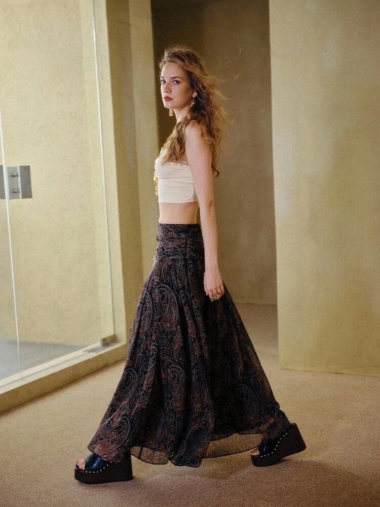 MOTF STUDIO PAISLEY PRINT RUCHED HIGH WAIST FLARE SKIRT