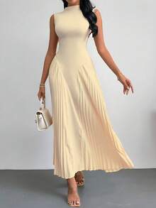 SHEIN PETITE Women Elegant Pleated Tight-Fitting A-Line Dress,Summer Dresses For Women,Tea Party Dress,White Graduation Dress,Business Casual Woman - Apricot - View 8