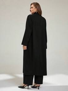 Auralis Plus Size Women's Spring And Fashion Casual Loose Comfortable Daily Versatile Slim Long Suit Jacket And Wide-Leg Pants Gray Suit Set,Old Money Style,Business Casual Woman,Office Outfits For Women,Work Wear, Outfits/ - Black - View 3