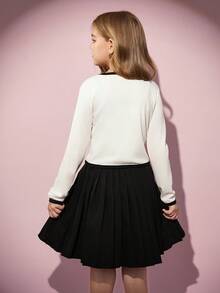 SHEIN 3 件套女童优雅罗纹针织开衫、可爱吊带背心和百搭百褶迷你裙套装，休闲、外出和聚会，春秋季 - 白色 - 查看 2