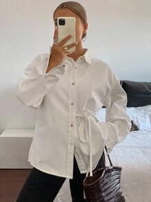 Livesso 女士单排扣牛仔休闲衬衫，侧边系带，长袖 - 白色 - 查看 6