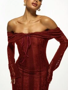 MISSGUIDED Đầm Maxi Ren Trễ Vai Tay Dài Dài Đến Sàn Đầm Dạ Hội Dự Tiệc Cưới Sang Trọng Dự Tiệc Trang Trọng Eo Cao Đầm Dạ Hội Nàng Tiên Cá Mùa Thu Đông Ngày Lễ Giáng Sinh - Màu Đỏ Sâu - Xem 4