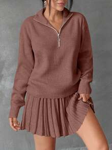 EURMUSE 女士纯色拉链领落肩套头衫和毛衣裙套装 - 藕粉色 - 查看 6
