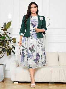 Modelyn Plus Size Women 3/4 Sleeve Jacket With Floral Decor And Sleeveless Floral Print Dress Elegant 2-Piece Set, Autumn - White - View 5