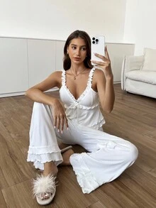 Aloruh Elegant Autumn Lulavish Bohemian Style Party White Knit Pajama Set (Strapless Pajama Set With Ruffle Trim And Pant Design) Ruffle Pajama Set