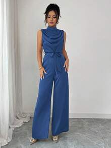 Elenzga Bộ đồ liền thân không tay nhún bèo cổ trụ màu xanh lá cây thanh lịch dành cho nữ, có eo thắt, Xuân/Hè - Xanh đậm - Xem 7