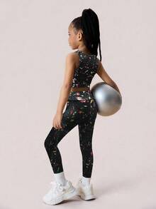 SHEIN 2 sztuki/zestaw dziewczęcy, krótki top i legginsy z nadrukiem tie-dye, elastyczny i przyjazny dla skóry zestaw fitness do jogi