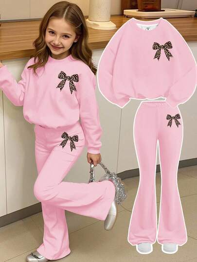 SHEIN Leap Crew Vintage Leopard Bow Print Cream Pink Tween Girls Knit Graphic Loose Sweatshirt & Flare Pants 2 Pieces Casual Set