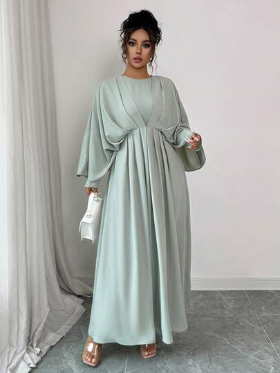 Elenzga 大码女式优雅简约高端休闲连衣裙，适合办公室、通勤、海滩、音乐节、下午茶、德比、帆船赛，纯色圆领二合一腰部荷叶边褶皱蝙蝠袖 A 字长裙，春夏连衣裙端庄淡绿色连衣裙灯笼袖连衣裙长袖连衣裙薄荷绿连衣裙女式