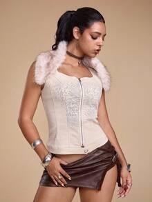 ROMWE Grunge Punk Sexy Retro Detachable Faux Fur Collar Animal Print Fitted Women Tank Top - Beige - View 6