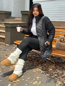 SHEIN EZwear Plus Size Women Quilted Drawstring Thick Jacket, Autumn/Winter,Fall /Autumn/Winter,Christmas,New Year,Thanksgiving,Party,Wedding,Elegant,Casual,Going Out,Date,Appointment,Commute,Black