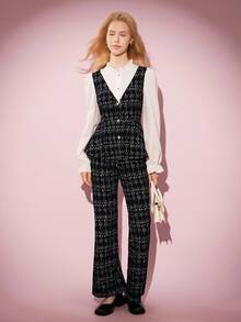 少女时尚优雅撞色格子V领衬衫套装 - 棕色 - 查看 5