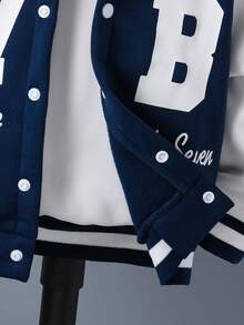 SHEIN 1pc Young Boys' Casual Jacket, Minimalist Collar Design, White Sleeve Contrast With Blue Body, Letter Graphic Print, Ribbed Cuffs And Hem, Suitable For Daily Wear, Sports, School, Travel, Versatile With Various Pants