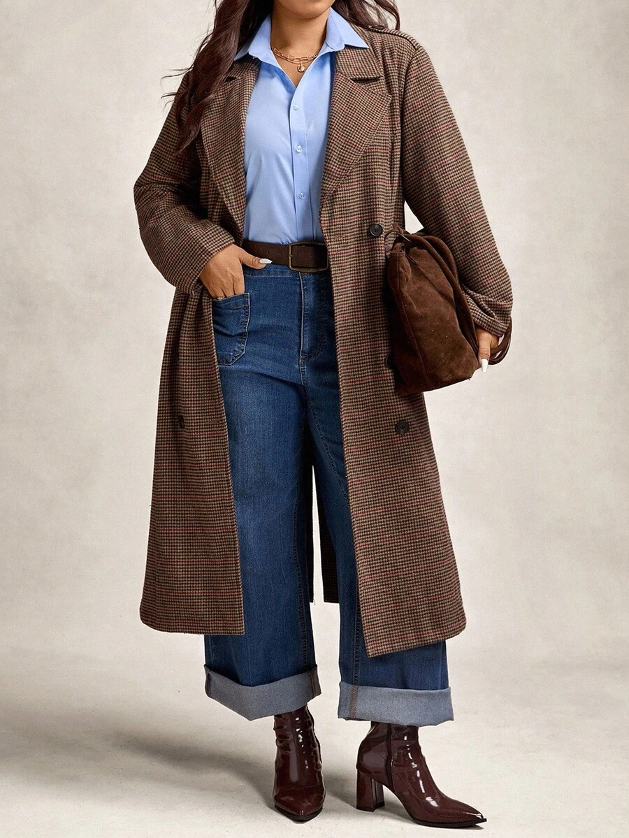 Zelara 大码女式格子印花双排扣羊毛大衣，秋季女式外套，长款女式外套，风衣，格子大衣，冬季女式外套，棕色女式冬季外套，时尚女式冬季外套，秋季女式外套，冬季女式冬季外套，外出上衣，乡村风女式外出外套，棕色格子大衣，冬季女式外套，感恩节女式外套 - 彩色 - 查看 1