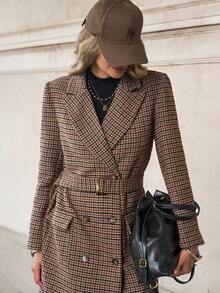 Solivie Women's Plaid Print Double-Breasted Fashionable Wool Coat,In Autumn/Winter,Fall