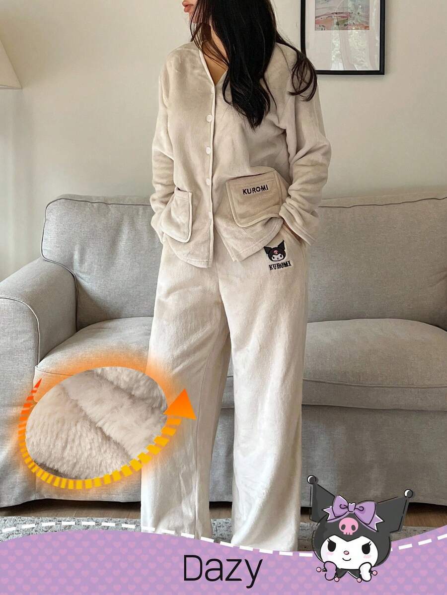 DAZY HELLO KITTY AND FRIENDS | SHEIN 女士卡通刺绣羊毛上衣和裤子睡衣套装，冬季舒适服装，秋季服装 - 米色 - 查看 1