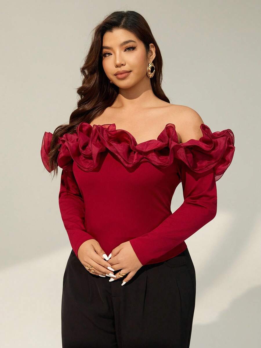 Auralis Plus Size Women's And Fashion Red Top For Women, Elegant And Comfortable Daily Three-Dimensional Lace One-Shoulder Red Slim-Fit Top, Party Red Top, Outfits, New Year Red Spring