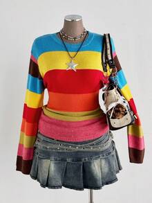 Sunspun 多巴胺彩虹撞色圆领长袖毛衣，秋冬百搭 - 彩色 - 查看 3