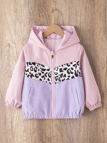 SHEIN Chaqueta con capucha con cremallera para niñas en otoño, diseño de estampado digital de bloques de color y estampado de leopardo, diseño de moda versátil para otoño e invierno - Rosa - Ver 3