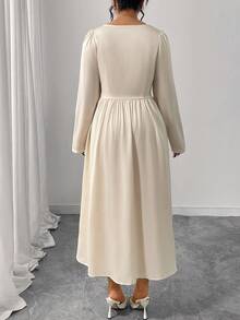 Elenzga Beige,Autumn,Elegant,Tea Party Plus Size Textured Square Neck Long Sleeves With Exquisite Buttons Women's A-Line Ruched Split Hem Graduation Dress - Apricot - View 2