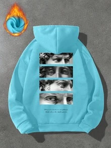 Manfinity LEGND 男式大卫印花长袖抽绳保暖内衬休闲连帽衫，秋冬款 - 淺藍色 - 查看 3