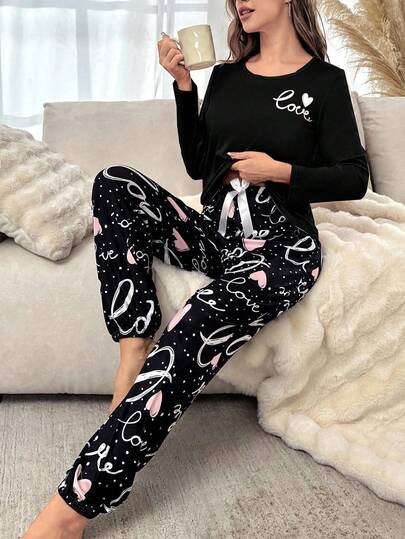 Heart Letter Graphic PJ Set Pajama Set, Fall Clothes Cozy Elegante view 3