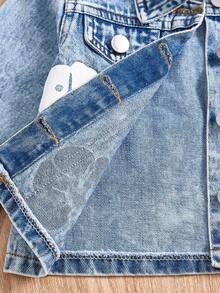 SHEIN 2 piezas Conjunto de niña bebé de mezclilla, chaqueta/abrigo estampado de moda + pantalones de mezclilla estampados casuales, conjunto de mezclilla con estampado floral de estilo callejero para bebé - Azul lavado medio - Ver 6