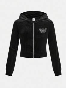 SHEIN Tween Girls' Streetwear Black Autumn Casual Family Matching,Velvet Butterfly Rhinestone Zip-Up Cropped Hoodie And Flare Pants 2-Piece Outfit,Y2K Set - Black - View 15