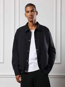 SUMWON Classic Regular Fit Nylon Lightweight Bomber Coach Jacket With Metal Snap Buttons Premium Fall Spring Outerwear Collection - Black - View 1