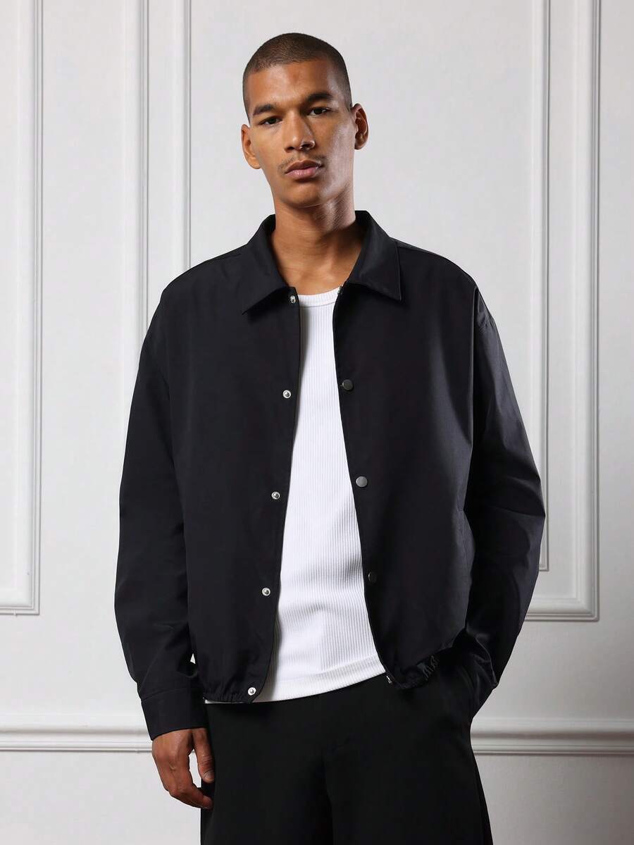 SUMWON Classic Regular Fit Nylon Lightweight Bomber Coach Jacket With Metal Snap Buttons Premium Fall Spring Outerwear Collection - Black - View 1